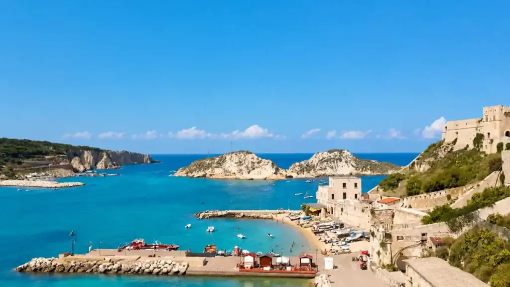 San Nicola harbour looking across to San Domino on a Tremiti Islands day trip.