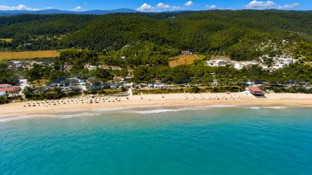 Aerial view of Sfinalicchio beach backed by Umbra Forest along the Vieste to Peschici drive.