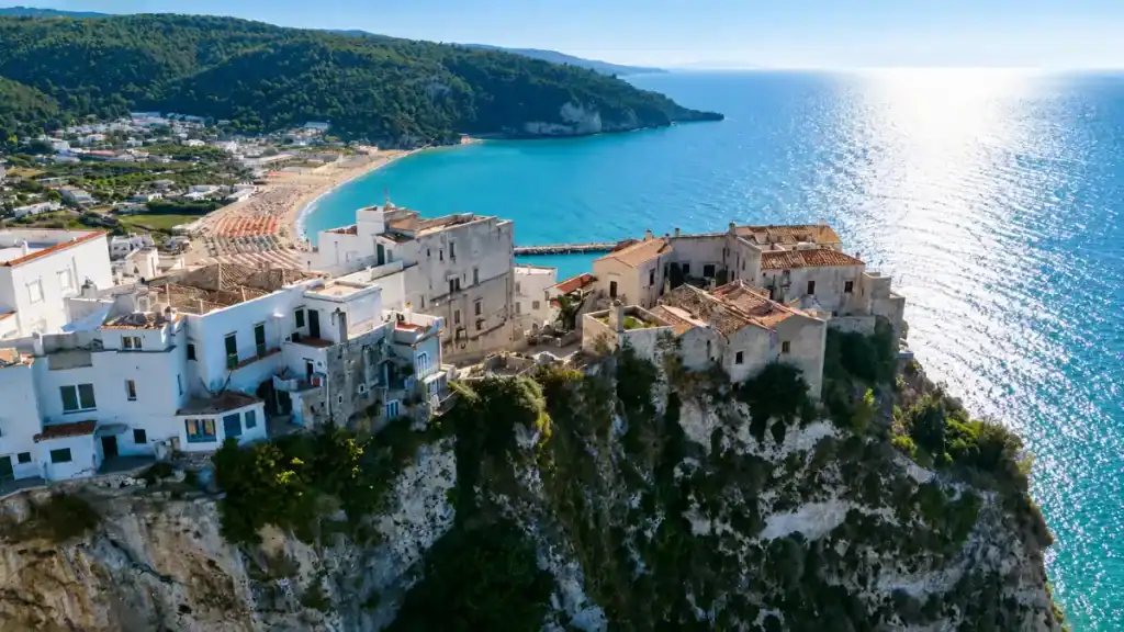 Whitewashed clifftop houses of Peschici old town at the end of the Vieste to Peschici drive.