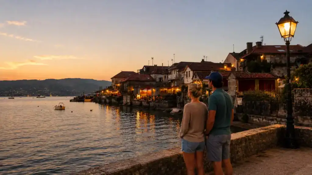 Couple watching sunset from the Combarro seafront promenade beside a lit street lamp