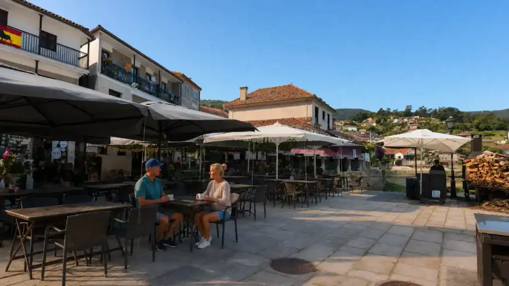 Couple drinking coffee at an outdoor café terrace on the Combarro waterfront promenade