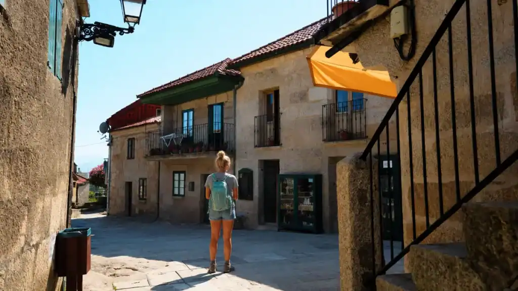 Backpacker pausing in a narrow granite lane in Combarro old town to visit