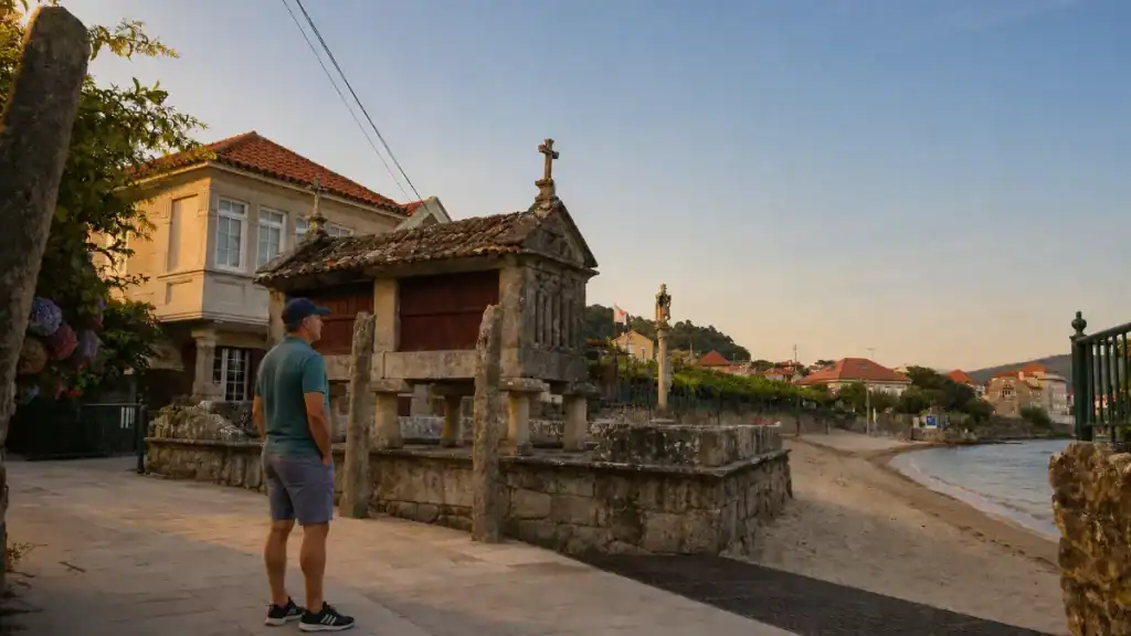 Man standing beside a stone hórreo topped with a cross on the Combarro beach promenade at dusk