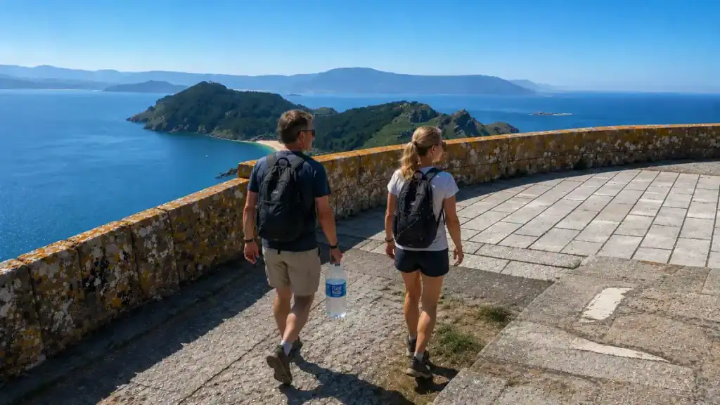 Two hikers with backpacks at a stone viewpoint overlooking Illa de San Martiño and the Atlantic