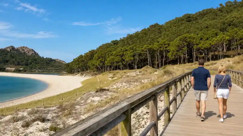 Couple walking the raised boardwalk above Praia de Rodas dunes with pine-covered hills alongside