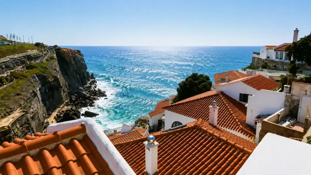 Terracotta rooftops of a clifftop village framing a turquoise Atlantic inlet below sheer rock faces