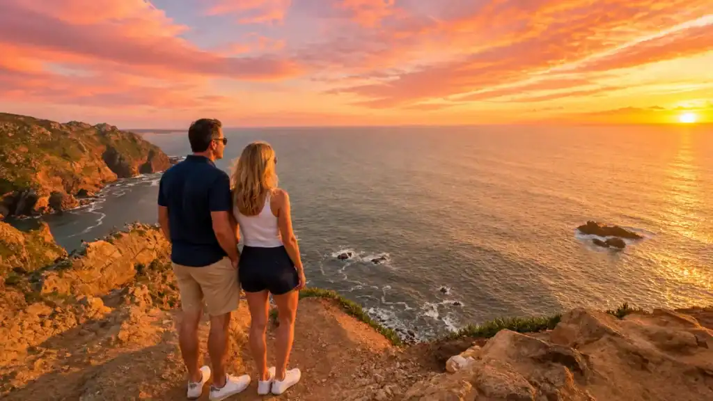 Couple watching a fiery sunset over the Atlantic from the clifftop at Cabo da Roca