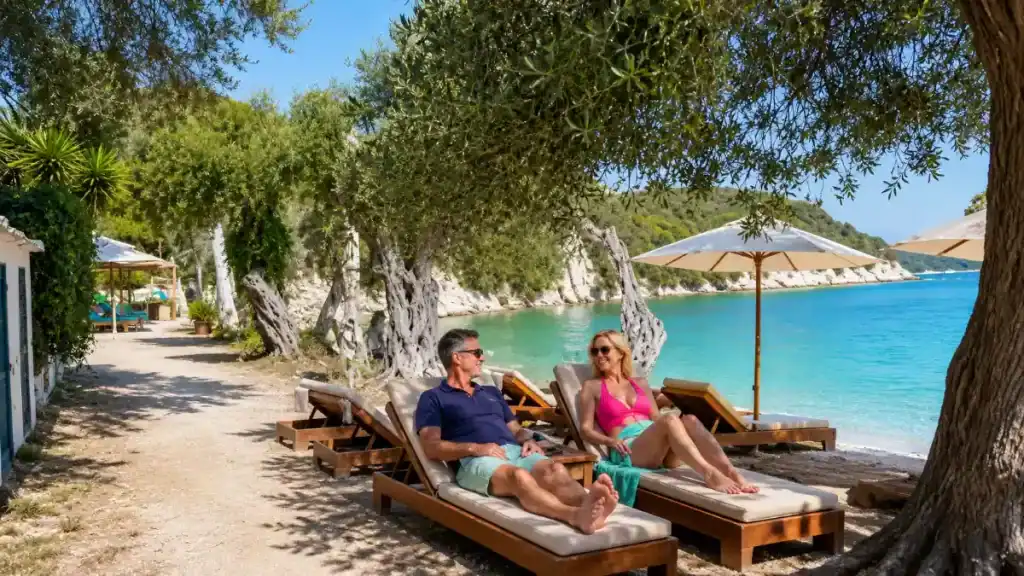 A couple relaxes on wooden loungers beneath olive trees at Harami Beach.