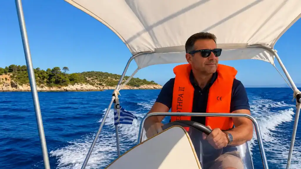 A man in a life vest steers a rented boat past a wooded islet.