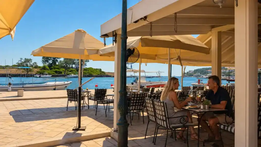 A couple share drinks at a shaded cafรฉ facing Gaios harbour.
