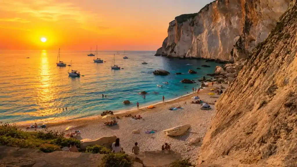 Sunbathers gather on the pebble shore of Erimitis Beach at sunset.