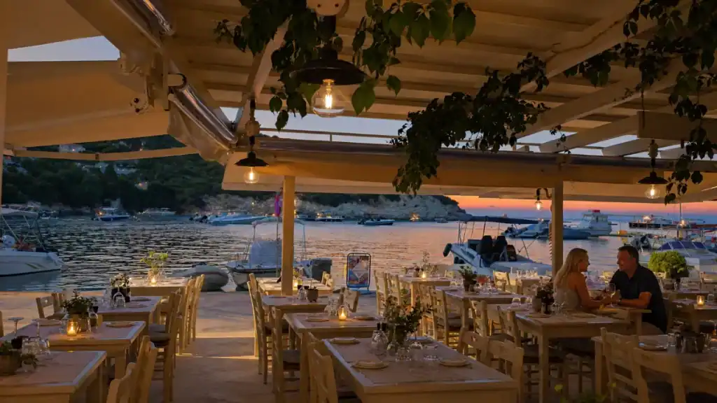 Diners sit under a vine-covered pergola overlooking Loggos harbour at dusk.