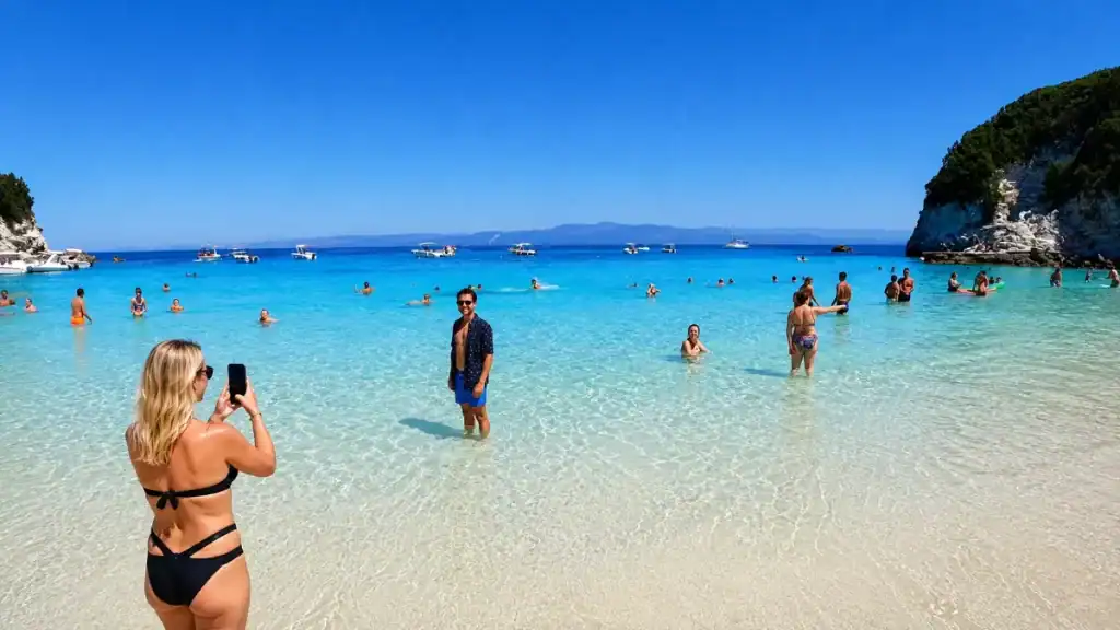 A woman photographs a friend wading in shallow, clear Antipaxos water.