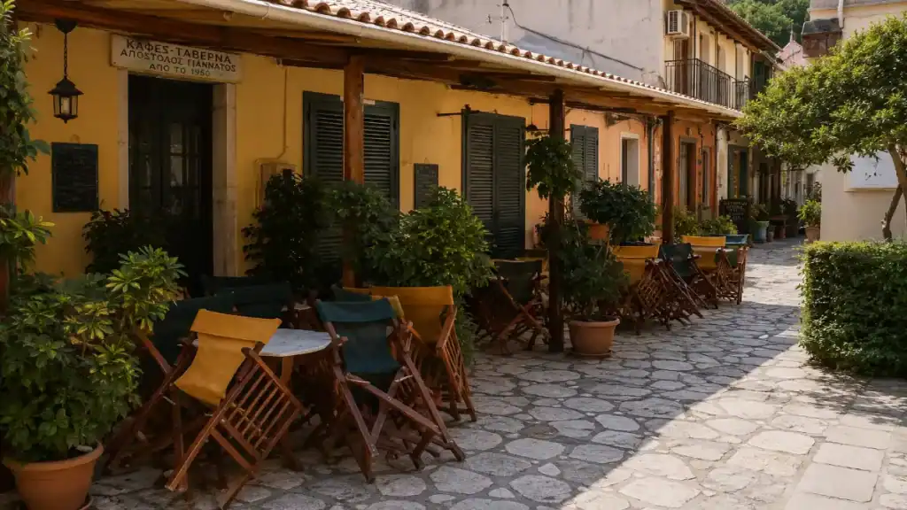 Folded chairs stacked outside a traditional taverna with yellow shutters on a quiet cobbled lane in Gaios