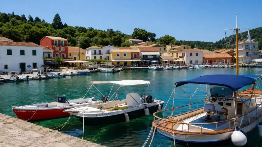 Fishing boats moored at the stone quay in Lakka, with shopfronts and tavernas lining the water