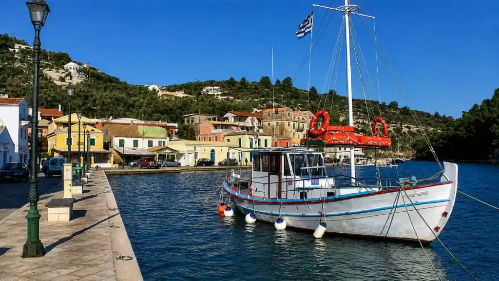 A traditional fishing boat moored along an empty quay in Gaios beneath a clear winter sky