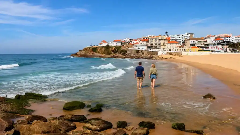 Couple wading at the shoreline of Praia das Maçãs with whitewashed village buildings on the headland behind