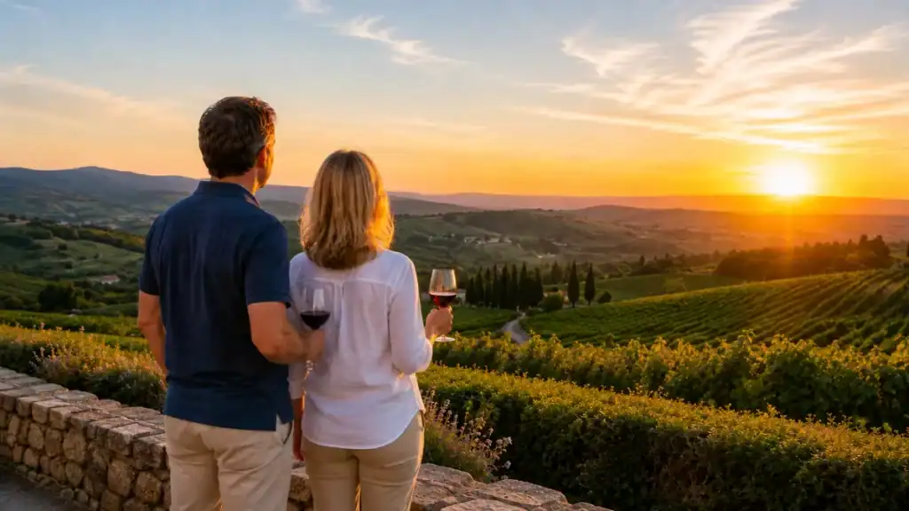 Couple holding red wine glasses overlooking Colares vineyard hills at golden sunset