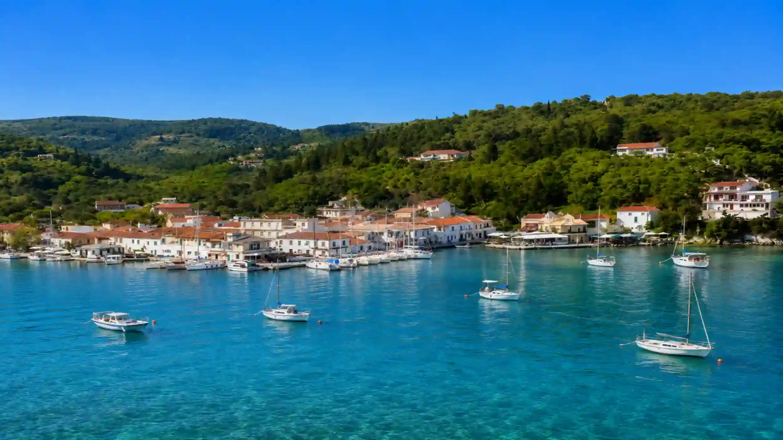 Fishing boats moored in Lakka harbour, Paxos, with pastel houses lining the waterfront.