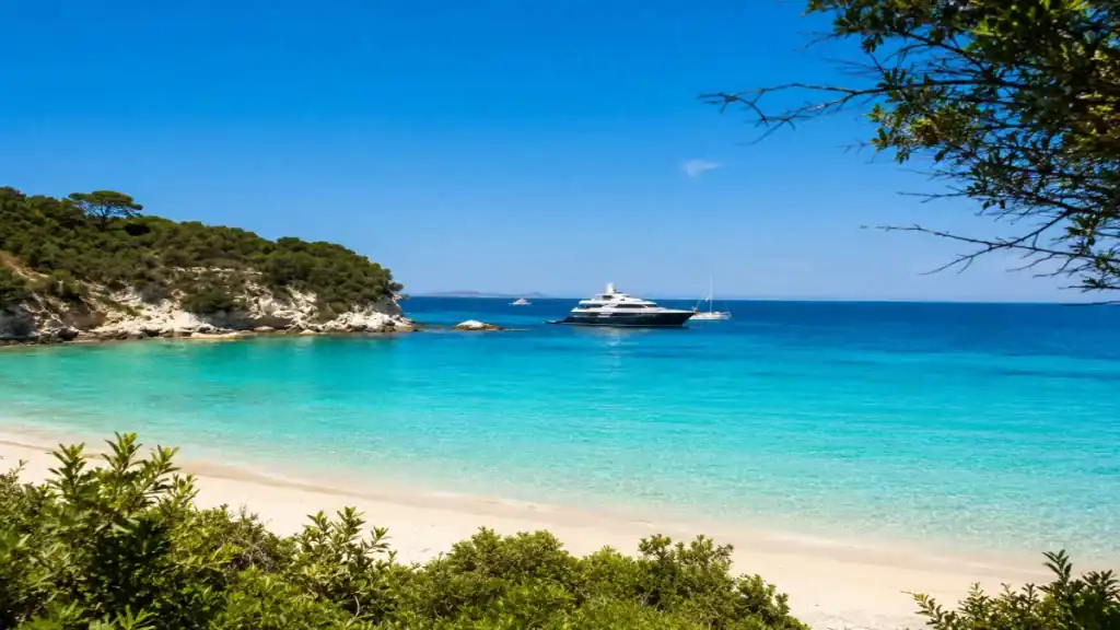 A superyacht anchors off a pine-fringed sandy cove on Antipaxos.