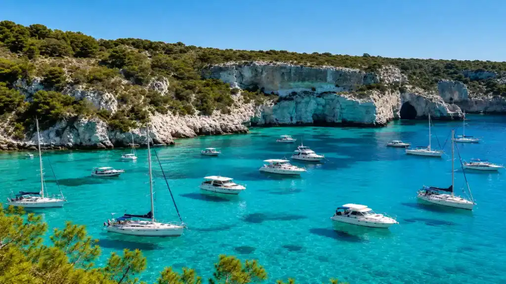 Sailboats and motor cruisers anchored in a limestone bay with sea caves.