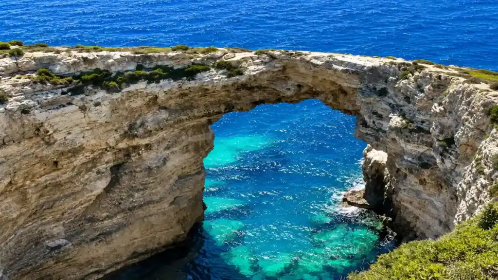 A natural limestone arch frames turquoise water at Tripitos Arch.