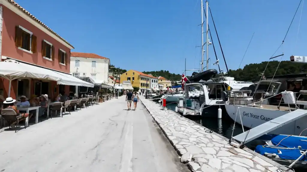 Yachts docked along Gaios harbour promenade, a stop many wonder if you need a car in Paxos to reach.