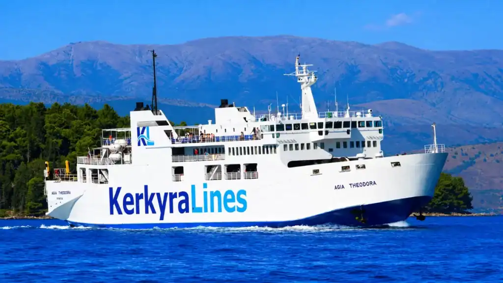 The Kerkyra Lines car ferry Agia Theodora passes wooded coastline near Corfu.