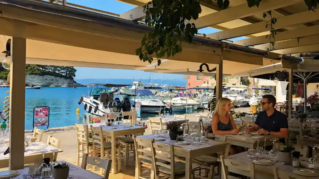 Diners share wine at a shaded pergola table overlooking moored boats in Loggos harbour.