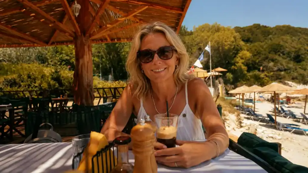 Woman sipping iced coffee under a thatched umbrella at Vrika Beach bar, sunbeds visible behind her.