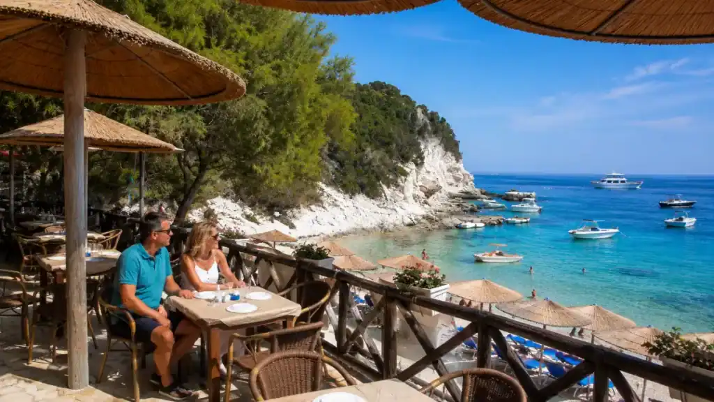 Diners at Captain Spiros taverna overlook Voutoumi Bay's anchored boats and thatched umbrellas.
