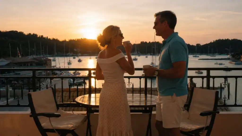 Couple sharing coffee on a balcony overlooking Gaios harbour at sunset, sailboats silhouetted below.
