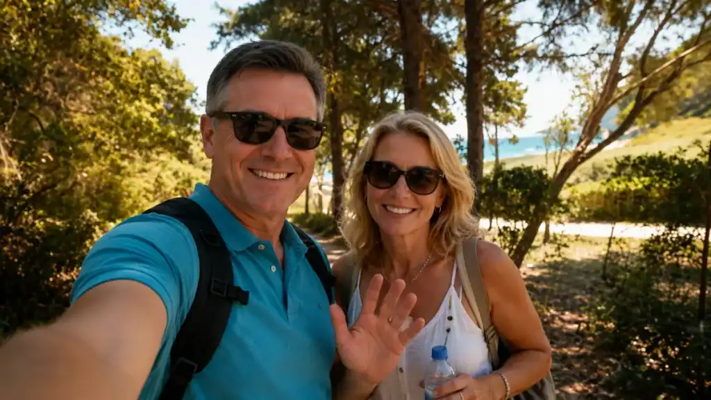 Couple taking a selfie on the wooded path to Vrika Beach, is Antipaxos worth visiting for its walking trails.
