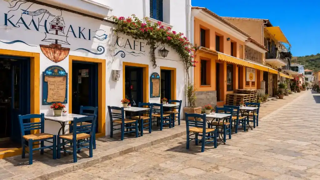 Blue cafรฉ chairs line a cobbled street outside Kanoni cafe in Gaios.