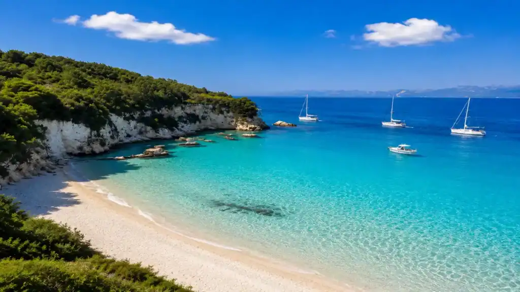 Sailboats anchor off the white sand curve of Voutoumi Beach on Antipaxos.