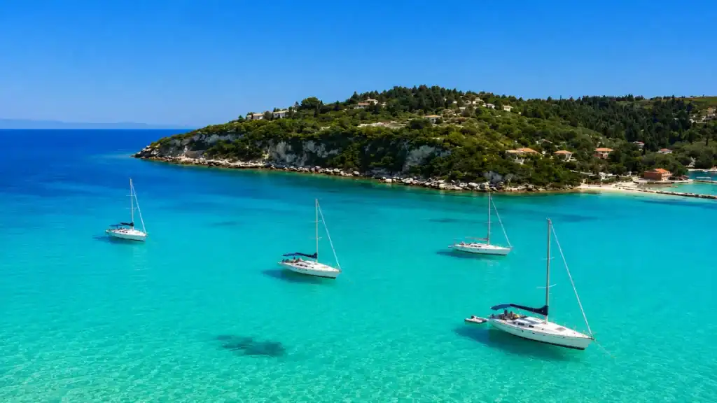 Yachts anchored in the clear turquoise waters of Lakka bay on Paxos.