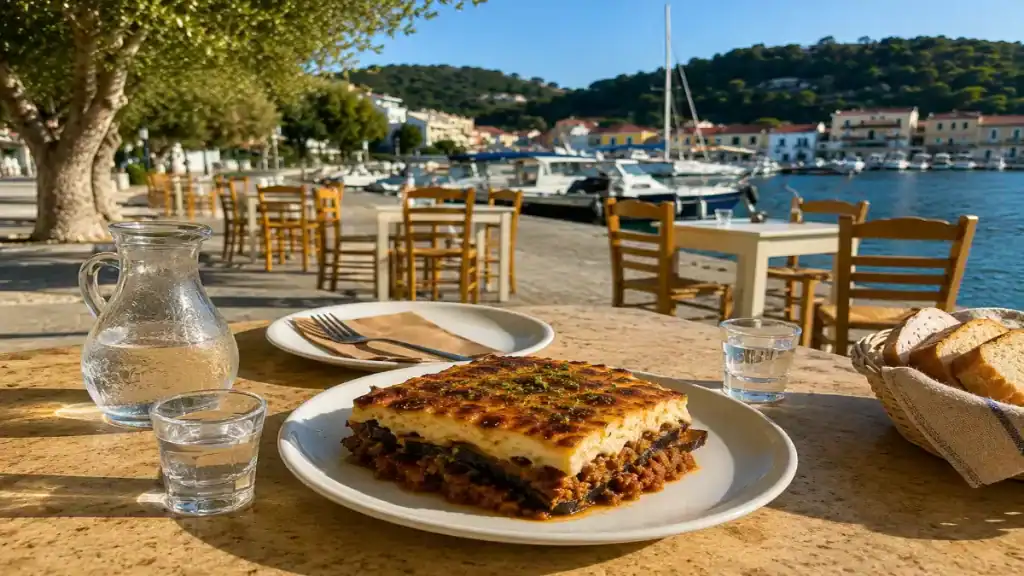 Moussaka plated at a harbourfront taverna table in Gaios.