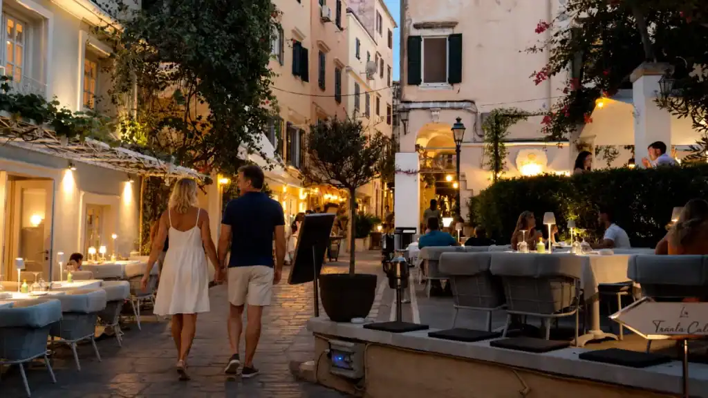 A couple walks hand in hand past lit dining terraces on Corfu's old town lane