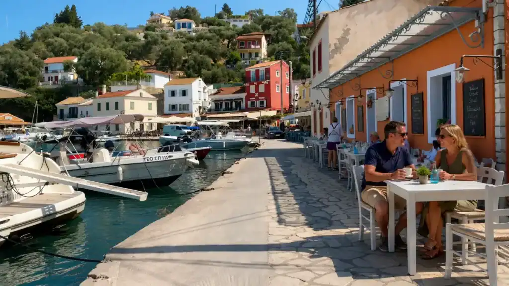 Diners sit dockside at a Paxos or Corfu waterfront taverna in Loggos harbour