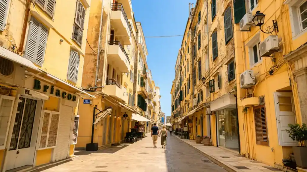 Pastel buildings frame a quiet Paxos or Corfu lane as a couple walks past shopfronts