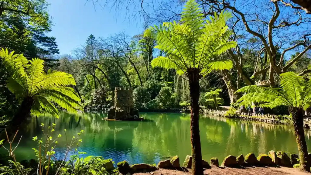 Tree ferns framing a still green lake with a stone tower at Quinta da Regaleira