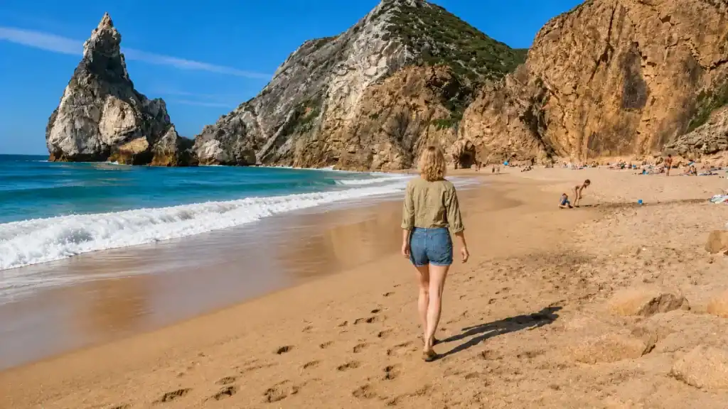 Woman walking along Praia da Ursa sand with towering rock stacks and crashing Atlantic waves