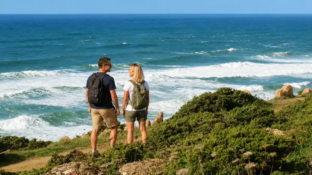 Hikers with backpacks pause on the clifftop trail above Praia das Maçãs.