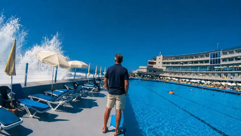 Man watching Atlantic waves crash beside the Praia Grande saltwater pool