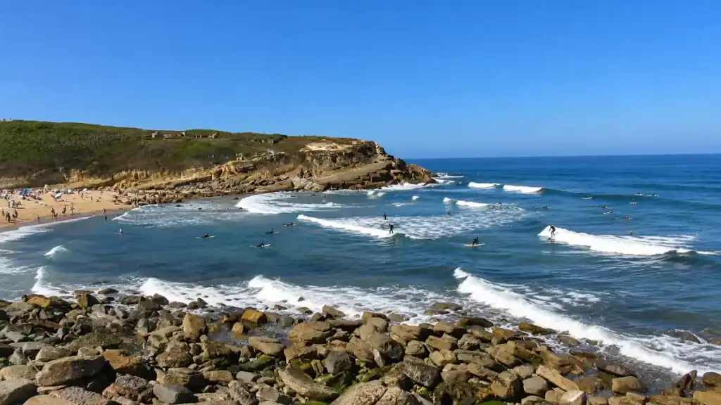 Surfers paddle out into rolling waves below a rocky headland.