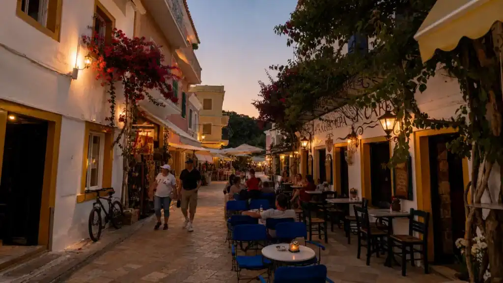 Lanterns light the taverna tables along a Gaios street at dusk.