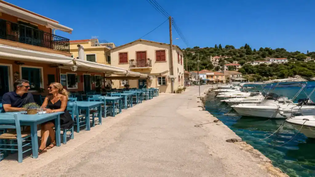 A couple shares coffee at a quayside cafe overlooking moored boats in Lakka.