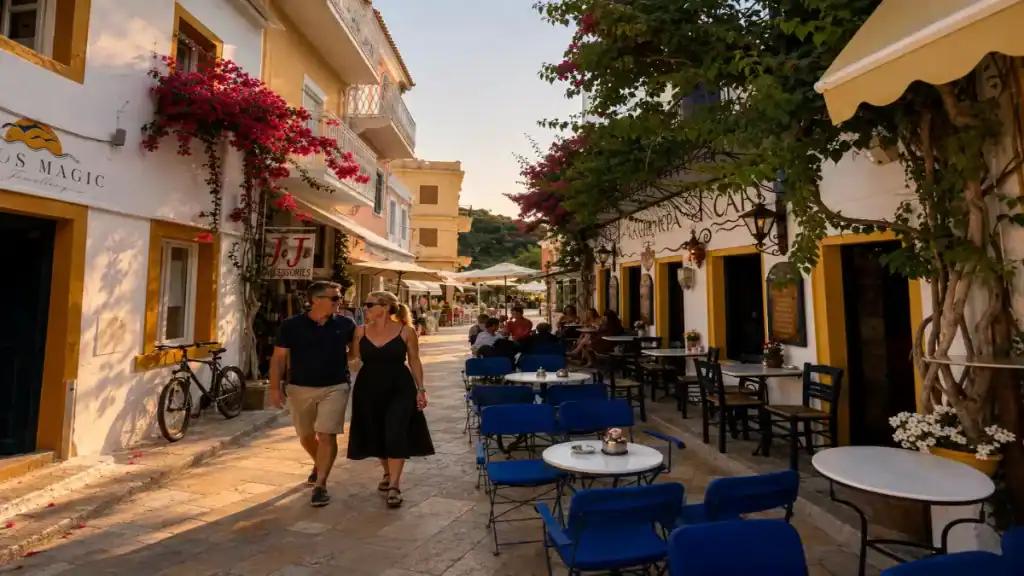 Golden light falls on a couple walking past bougainvillea-draped shopfronts in Gaios.