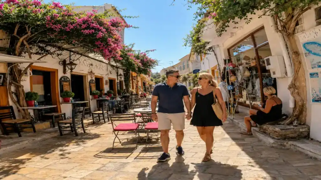 A couple strolls the bougainvillea-lined lanes of Gaios, deciding which Paxos village should you stay in.