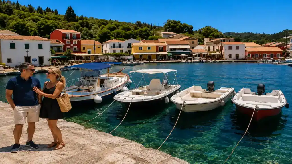 A couple pauses on the quay in Lakka, one of the villages to consider for where to stay in Paxos.